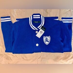 Blue Ralph Loren Varsity cardigan with White Stripes
